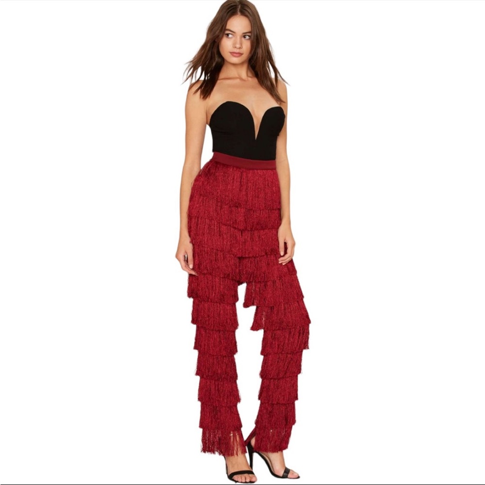 Lavish Alice Fringe Pants XS UK burgundy high waisted
